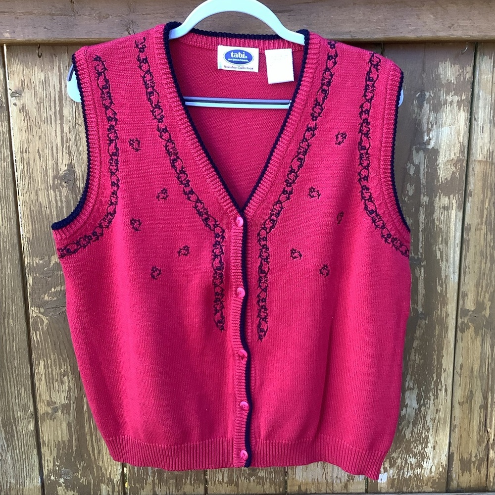Vintage TABI Holiday Red with Black Trim Button Up Vest 100% Cotton Size L